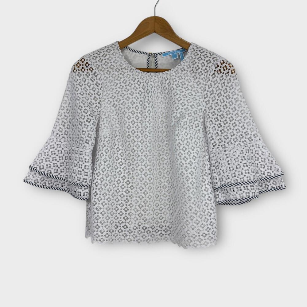 Draper James Women’s Size 0 White Gingham Lattice Pattern Double Bell Sleeve Top